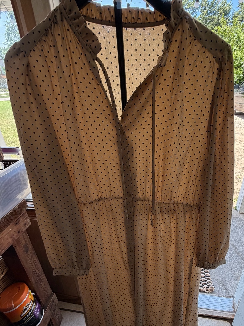 Polka Dot Long Sleeve Tie Neck Maxi Dress - Cream/Black